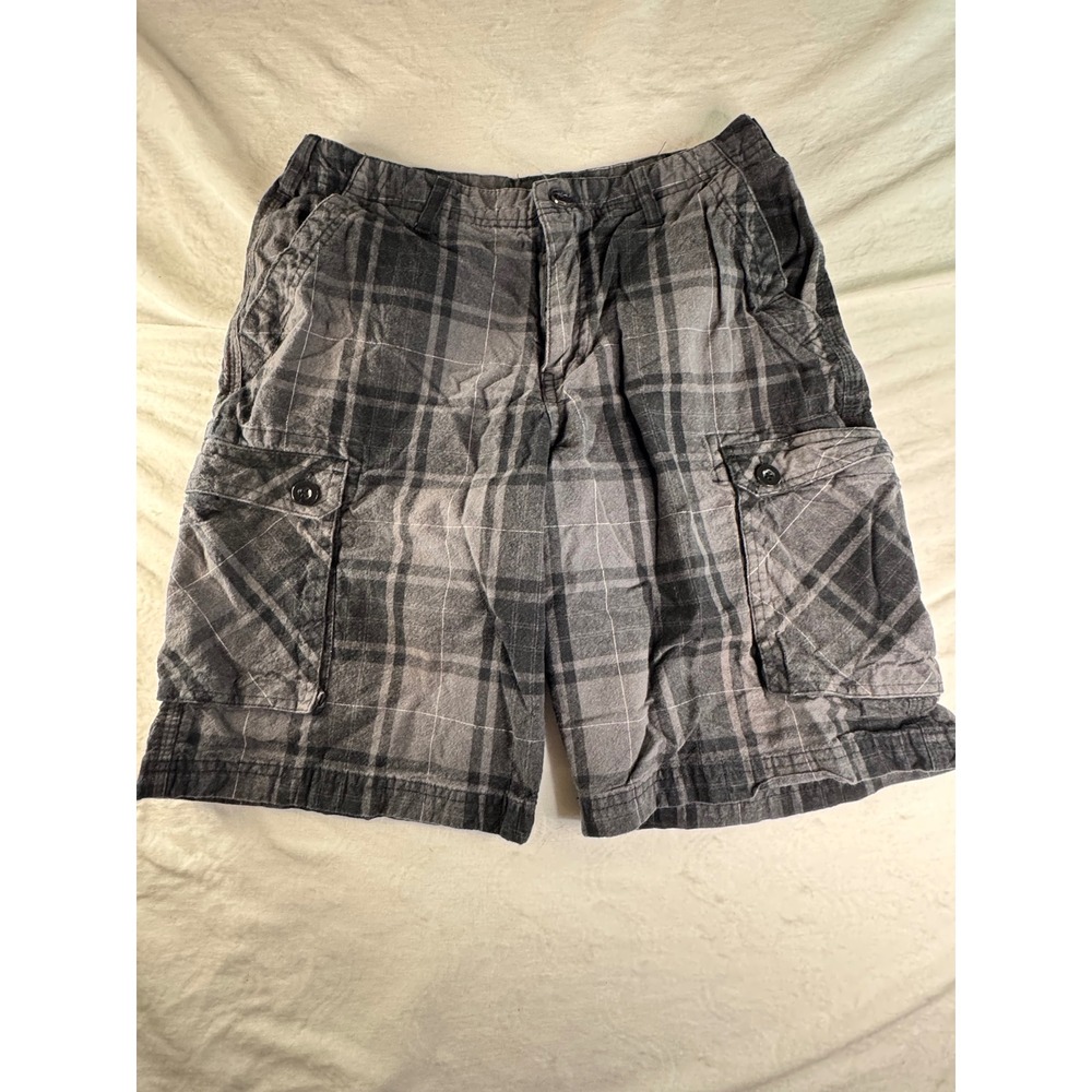 Highland Outfitters Cargo Shorts Mens 32 Grey Excellent Plaid Cotton‎ Utility